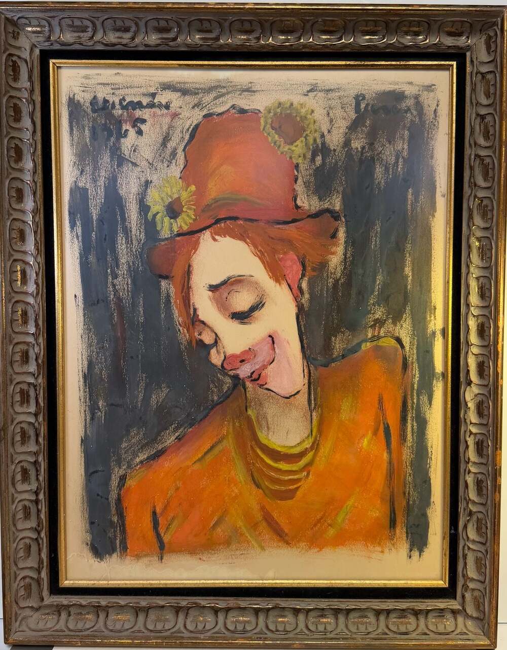 Original Roger Etienne Clown Portrait Painting Signed Mid Century 22x28